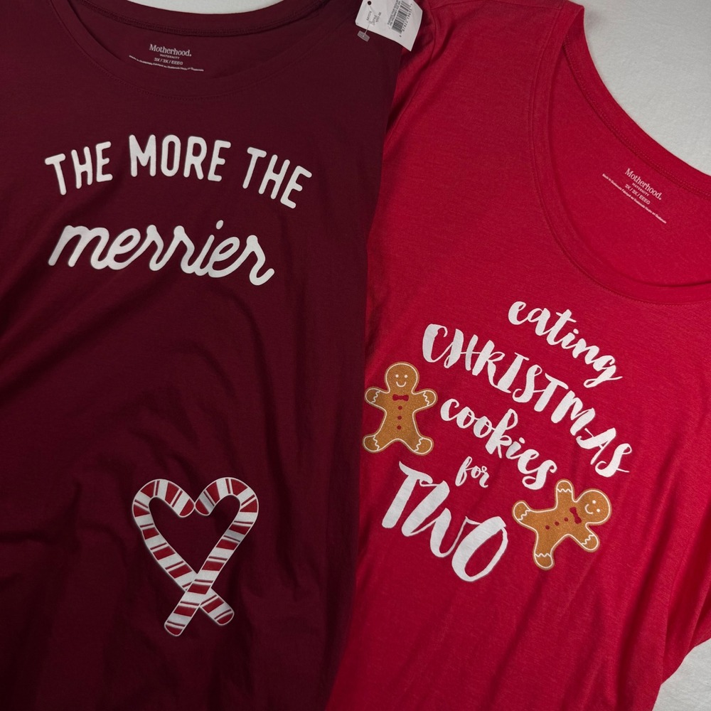 2 Lot-Motherhood Maternity Graphic Tee Women 3X Red Burgundy Christmas Ruched